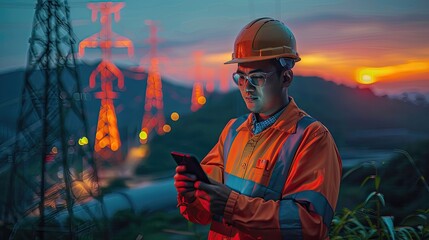 Silhouette of an engineer using a smartphone at twilight in an industrial setting. - obrazy, fototapety, plakaty
