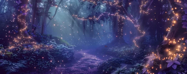 Poster Glowing Fireflies in an Enchanted Fairytale Forest at Nightfall Serene and Mystical Landscape with Sparkling Lights © May's Creations