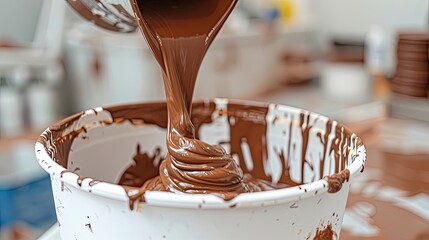 Pouring dark chocolate into a container with a swirling motion.