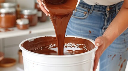 Melted chocolate being poured from a ladle into a container.