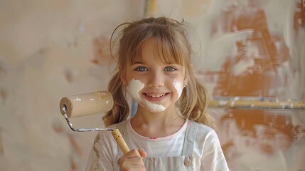 A cheerful girl holding a paint roller is covered with paint splashes, ready to renovate.