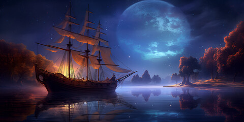 ship in the sea , A tall ship sails across moonlit seas clouds and stars colorful Wallpaper