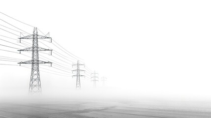 Power transmission lines disappearing into fog.