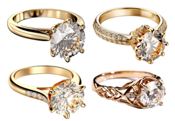 Set of beautiful gold engagement rings with diamonds, cut out