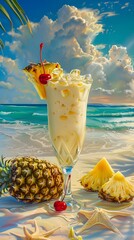 Tropical Cocktail Overlooking Idyllic Beach Sunset