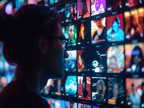 Silhouetted figure exploring a vibrant digital media landscape on a futuristic display