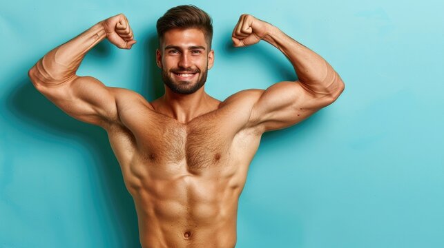 A cheerful man flexing muscles with a blue background.