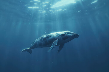 A blue whale swimming in the deep sea