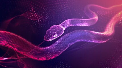 A digitally generated image of a glowing, neon snake slithering through a futuristic, abstract environment