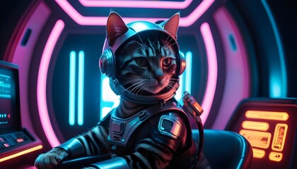 With an expression of quiet contemplation, a Shorthair cat wears her space helmet while seated at...