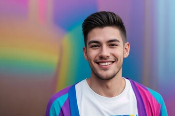 Handsome gay wearing a pride shirt smiling against a rainbow background with copy space.