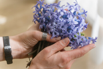 A bouquet of field blue flowers in the hands of a girl. Mouse hyacinth.