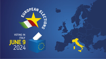 European elections June 9, 2024. Voting Day 2024 Elections in Italy. EU Elections 2024. Italian flag EU stars with European flag, map, ballot box and ballot on blue background
