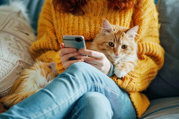 Happy Woman Relaxing on Couch with Cat While Using Smartphone