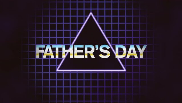 Celebrate Fathers Day with this eye-catching triangle design, composed of vibrant colored squares and the words Fathers Day in blue and purple, set against a stylish grid-patterned backdrop
