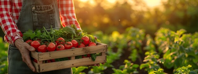 Agriculturist holding a wooden box of freshly harvested vegetables and fresh seasonal emeralds from the garden against a golden sun light - obrazy, fototapety, plakaty