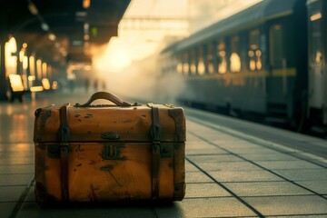Old suitcase awaiting departure at dawn
