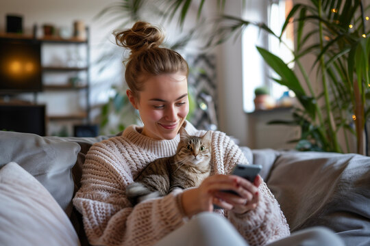 Happy Woman Relaxing on Couch with Cat While Using Smartphone