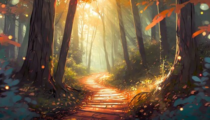 Sunlit path in a green forest landscape. Warm sunset light shining through the trees.  - Powered by Adobe