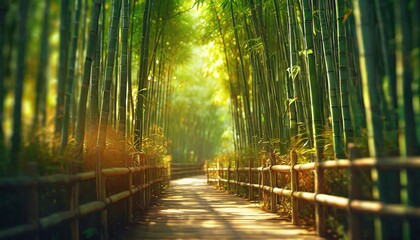 Landscape with a sunlit path in beautiful bamboo forest. Golden hour, bokeh light. 