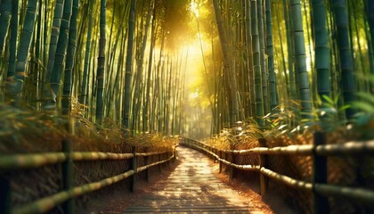 Landscape with a sunlit path in beautiful bamboo forest. Golden hour, bokeh light. 
