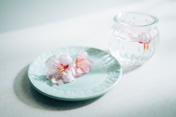 青いお皿の上に乗っている桜と瓶に入った桜