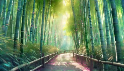 Landscape with a sunlit path in beautiful bamboo forest. 