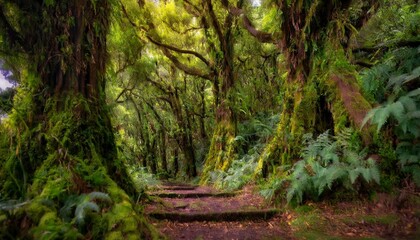 Dense green mossy rain forest trees as background.  - Powered by Adobe