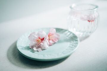 青いお皿の上に乗っている桜と瓶に入った桜