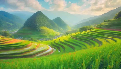 Selbstklebende Fototapeten Beautiful green landscape with rice fields terraces, mountains in background.  © Kati Lenart