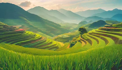 Tissu par mètre Rizières Beautiful green landscape with rice fields terraces, mountains in background. 