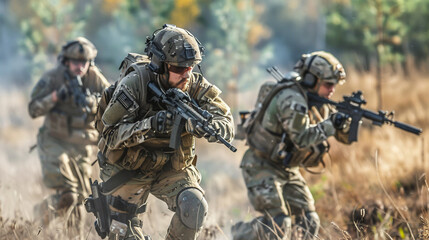 Fototapeta premium Military personnel in action, wearing combat uniforms and tactical gear, representing the armed services' commitment to defense.