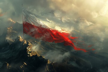Flaga Polski na szczycie gór.