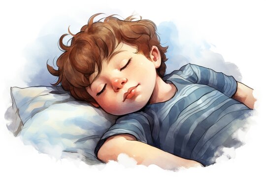 An illustration of a little boy in a blue T-shirt sleeping on a pillow on a white background. Space for text.