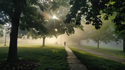Early morning jog in a serene, foggy park