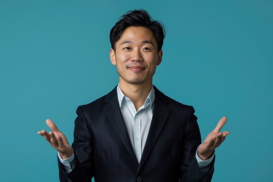 Asian businessman wearing semi-formal suit and presenting gesture to empty space on blue background