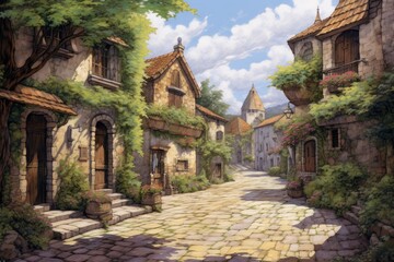 Obraz premium an old street with houses and trees in the background.