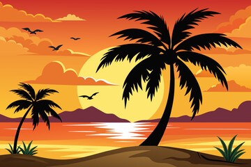 Sea beach sunset with coconut tree black silhouette design.
