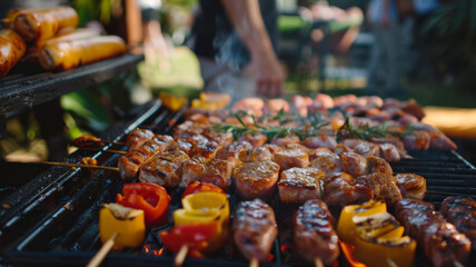 Delicious shashlik skewers with meat and vegetables on a charcoal grill outdoors - 771474057