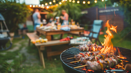Delicious shashlik skewers with meat and vegetables on a charcoal grill outdoors - 771474086
