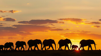 Fototapeta na wymiar Silhouette of an elephant herd against a sunset, symbolizing the urgency of conservation