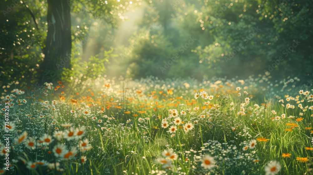 Poster a serene forest glade illuminated by soft sunlight filtering through the trees, highlighting a field