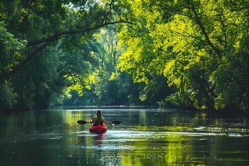 A woman kayaking in a peaceful river sunlight sunny day slow life