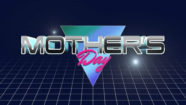 A vibrant, tech-inspired logo for a futuristic Mothers Day event. The words Mothers Day are displayed with neon colors, paying homage to 80s and 90s computer graphics