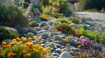 Lush succulent garden with a variety of plants and flowers lining a cobblestone path in bright sunlight, showcasing a tranquil and well-maintained landscape.