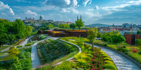 Naklejka premium cityscape with the new Museum of Ethnography. roof top garden in Budapest, Hungary. public park. design and architecture concept. modern building. generative ai 