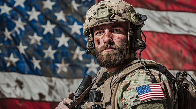 Portrait of an American soldier in modern gear, against a backdrop of the national flag, symbolizing dedication and patriotism.