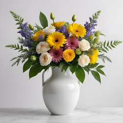 a bouquet of flowers in a vase on a white background. text space