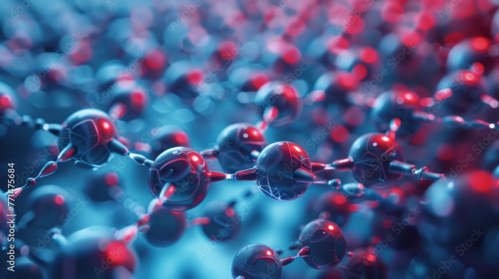 Poster 3d illustration of a complex molecule structure on a blue background with shallow depth of field. co