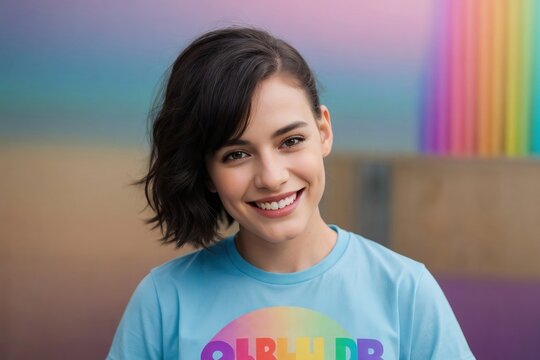 Beautiful lesbian wearing a pride shirt smiling against a rainbow background with copy space.
